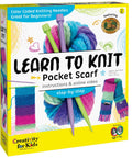 Learn To Knit Pocket Scarf Kit For Beginners box with colorful yarn, knitting needles, and scarf illustration for kids 9 plus.