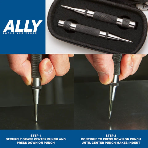Heavy Duty Automatic Center Punch Set For Metal By ALLY Tools With Hardened Steel Two Piece Premium Center Punches Adjustable Knurled Cap Spring Loaded Mechanism Ideal For Machinists And Carpenters Includes Hard Shell Case