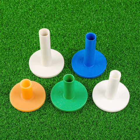 Golf Rubber Tees Practice Set with mixed size tees in 5 colors for indoor outdoor use on green mat background