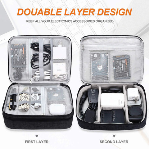 Open Waterproof Double Layer Electronics Organizer Bag For Cables Chargers Power Banks Adapters USB Cables Kindle Hard Drives