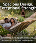 Quilted Double Hammock For Outdoor Chill And Relaxation With Spreader Bars And Pillow Supports Up To 450 Pounds 74 By 55 Inch Bed UV Resistant And Quick Dry Chains Included Stand Sold Separately Mountainside with couple relaxing on it