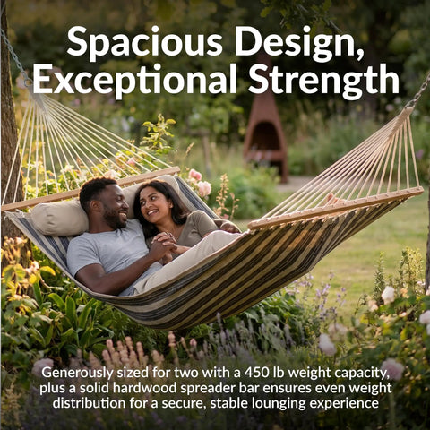 Quilted Double Hammock For Outdoor Chill And Relaxation With Spreader Bars And Pillow Supports Up To 450 Pounds 74 By 55 Inch Bed UV Resistant And Quick Dry Chains Included Stand Sold Separately Mountainside with couple relaxing on it