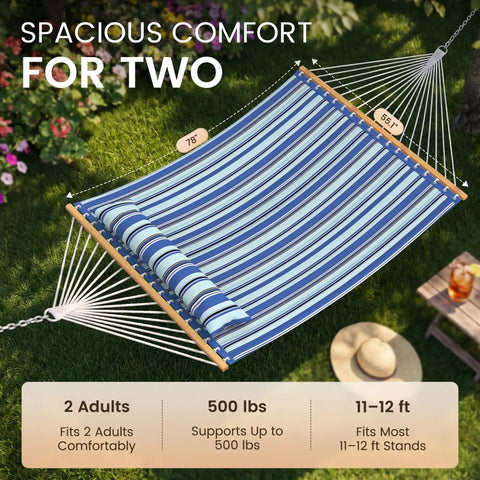 Two Person Double Hammock With Spreader Bar For Patio And Backyard Use 500 Lbs Capacity Flat Wide Bed Cozy Pillow Carry Bag