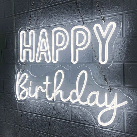 Bright Happy Birthday Neon Sign LED Light With Dimmable Switch For Backdrop Large Birthday Party Decoration on brick wall