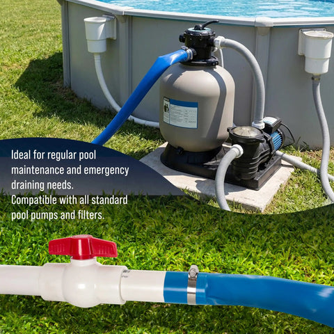 Heavy Duty 1.5 Inch By 50 Foot Pool Backwash Hose With Clamp For Filter Backwash And Pool Drainage Flexible Lay Flat Blue For Sump Pump Discharge And Inground Draining installed on a pool filter system