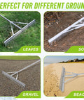 36 Inch Aluminum Landscape Rake For Lawn Care And Garden Work, Heavy Duty Garden Rake in use on leaves, soil, gravel, and beach.