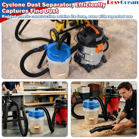 Low Profile Cyclone Dust Separator For 2.5 Inch Wet Dry Vacuums with leak-proof sealing in workshop setup, collecting wood dust