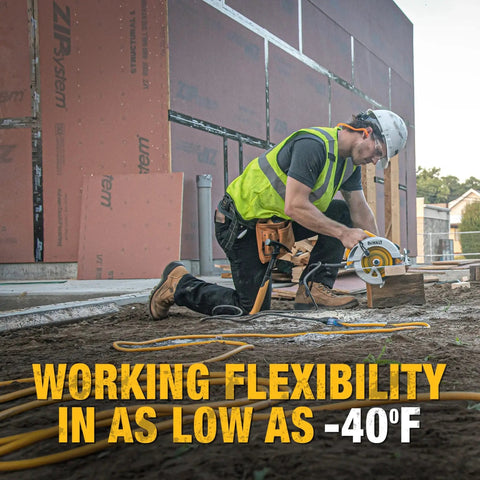 Worker uses a saw on a construction site with a 100 Foot 10 By 3 SJTW Lighted Extension Cord For Outdoor Use Heavy Duty Waterproof Weatherproof