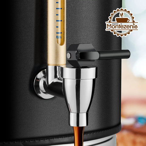 Close-up view of spout and handle of 50-Cup Commercial Coffee Urn With Double Insulated Stainless Steel, Percolator System, And Temperature Control.