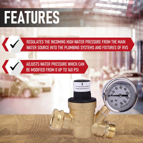 Brass RV water pressure regulator with gauge; 3/4-inch inlet/outlet for campers and trailers.