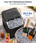 Fast Countertop Ice Maker Turns Out Eight Bullet Shaped Cubes In Six Minutes While Pumping Twenty Six Point Five Pounds Daily With Ample Water Reservoir For No Sweat Bar Setup And Always Chill Cocktails Or Quick Saturday Sips, showing ice and drinks.