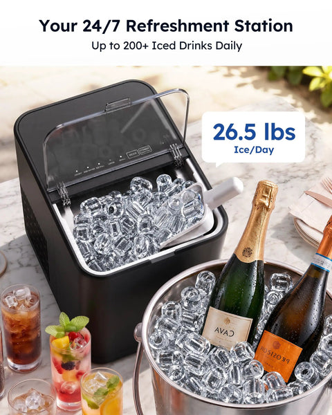 Fast Countertop Ice Maker Turns Out Eight Bullet Shaped Cubes In Six Minutes While Pumping Twenty Six Point Five Pounds Daily With Ample Water Reservoir For No Sweat Bar Setup And Always Chill Cocktails Or Quick Saturday Sips, showing ice and drinks.