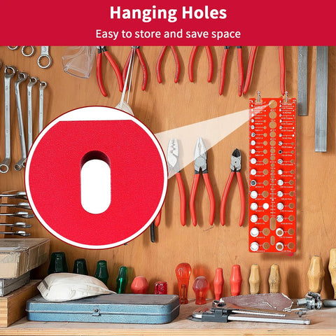 Manalete thread checker gauge by Amazon; red circular tool with nut/bolt and drill-bit gauges in workshop.