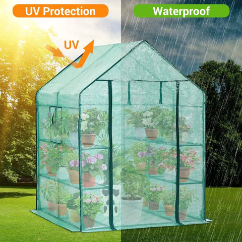 Outdoor Walk In Greenhouse With Screen Windows 57 X 57 X 76 Inches Heavy Duty Portable Plastic Grow House Built For Grower Friendly 3 Tiers And 12 Shelves With Shelf Clips PE Cover For All Weather Year Round Planting