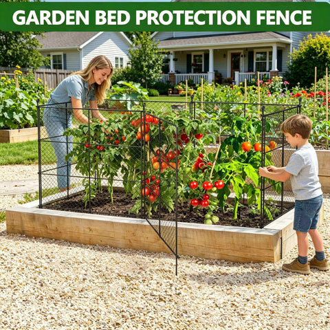 Six Panels Black Chicken Wire Garden Fence Set Keeps Critters Out Of Veggies And Lets You Shape It Into Rectangles Or Squares Includes Stakes For Raised Beds installed around a vegetable garden bed.