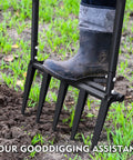Beefed Up Broad Fork With Five Steel Tines Fifteen Inch Wide Garden Tool And Fifty Five Inch Tall Durable Handle in use on soil