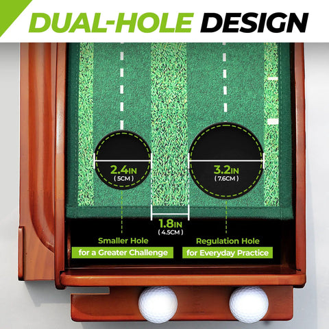 Top view of 9.8Ft Putting Green Mat With Automatic Ball Return Track And Mirror, dual-hole design for home golf practice