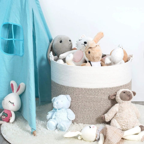 Extra Large 22x16 Inch Cotton Rope Storage Basket With Grab Handles A Rugged Yet Chic Woven Bin filled with stuffed animals