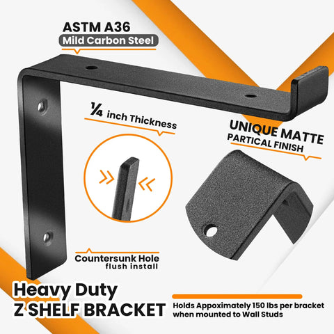 Six Pack 8 Inch Z Shelf Brackets With Lip For 7.25 Inch Boards, black steel with countersunk hole and matte finish