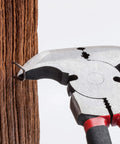 Heavy Duty Fence Pliers Set with Nail Puller, Staple Puller and Cutting Pliers for Construction and Carpentry gripping a nail