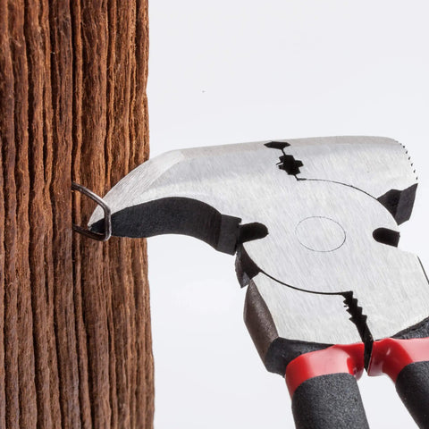 Heavy Duty Fence Pliers Set with Nail Puller, Staple Puller and Cutting Pliers for Construction and Carpentry gripping a nail