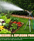 Heavy Duty Aluminum Alloy 1 Inch Thread Rotary Sprinkler watering garden with vegetables, showing 360 degree coverage