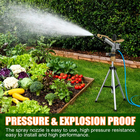 Heavy Duty Aluminum Alloy 1 Inch Thread Rotary Sprinkler watering garden with vegetables, showing 360 degree coverage