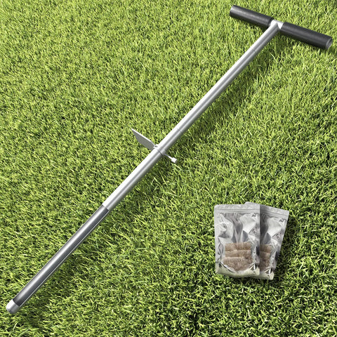 36 Inch Stainless Steel T Style Soil Sample Probe With Foot Pedal, Breaks Down To 23 Inch For Easy Transport, displayed on grass