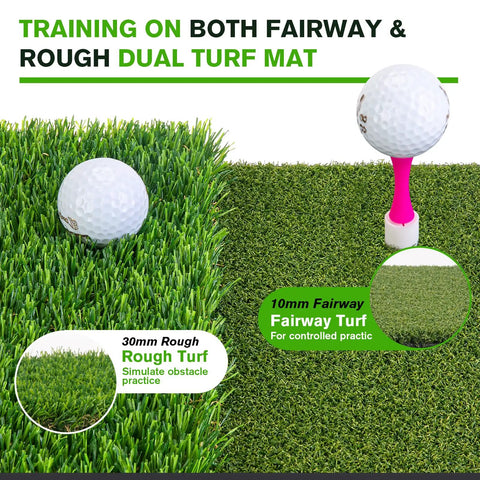 Indoor Outdoor Dual Turf Golf Hitting Mat with Swing Path Feedback shown with rough and fairway turf sections and golf balls.