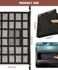 Upgrade Car Ceiling Cargo Net Pocket 31.5x21.6 showing size details, folded view, and installation