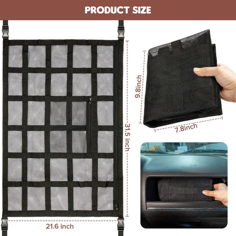 Upgrade Car Ceiling Cargo Net Pocket 31.5x21.6 showing size details, folded view, and installation