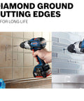 Bosch GT300 blue cordless drill with 1/4-inch chuck, drilling tile and masonry surfaces (two-view collage).