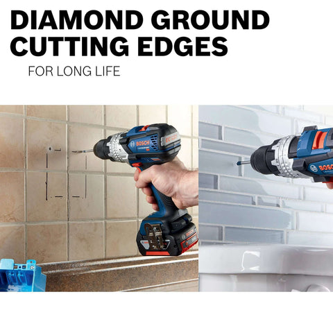 Bosch GT3000 8-piece glass-and-tile drill bit set; cordless drill drilling tile in left and right panels