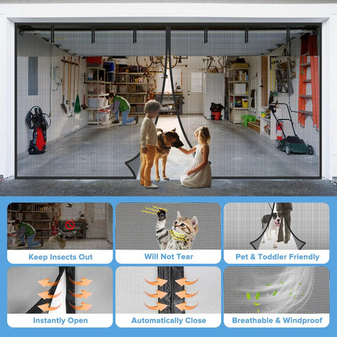 2 Car Garage Door Screen 16x7 Feet Upgraded Pet Mesh Magnetic Closure Heavy Duty Weighted Bottom Hands Free Easy Assembly