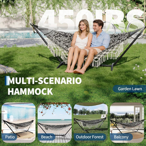 Heavy Duty Double Hammock With Stand For Indoor Outdoor Use, 450 Lbs Capacity, 2 Person, garden setup, cotton polyester blend