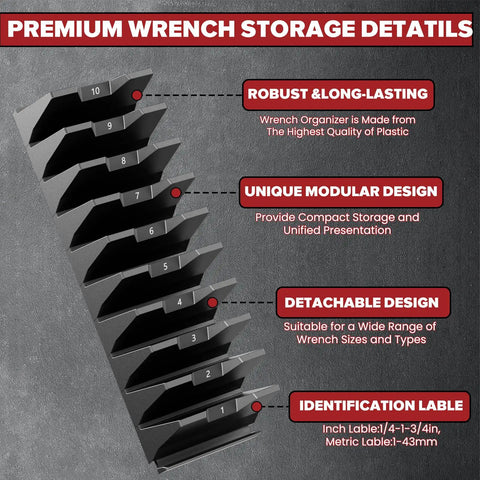 40 Piece Modular Wrench Organizer Set For Drawer Storage With Metric And SAE Labels showing storage details and labels.
