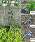 Dual Purpose 4-Teeth Weeder Tool With Rubber Handle shown in use for weeding, hard soil, and loose soil, showcasing versatile gardening use.