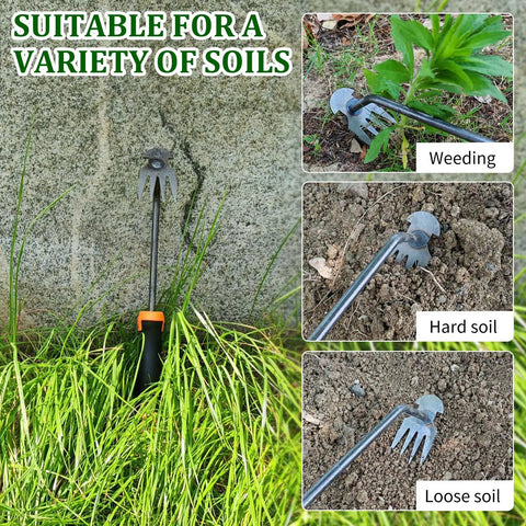 Dual Purpose 4-Teeth Weeder Tool With Rubber Handle shown in use for weeding, hard soil, and loose soil, showcasing versatile gardening use.