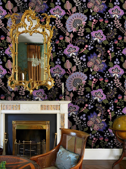 Boho Floral Peel And Stick Removable Wallpaper For Bedroom And Bathroom Renter Friendly Cabinet Decor Contact Paper 17.7 In By 118 In Easy Install Durable Thickened Design features purple and pink floral pattern on a wall with ornate mirror above fireplace.
