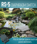 RS 5 115 Volt Piggyback Diaphragm Pump Down Switch for Sump or Utility Pumps with 10 Foot Cord Black next to a garden pond