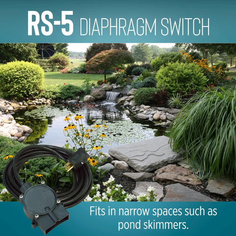 RS 5 115 Volt Piggyback Diaphragm Pump Down Switch for Sump or Utility Pumps with 10 Foot Cord Black next to a garden pond