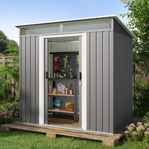 Durable 6x4 Outdoor Metal Storage Shed With Sliding Lockable Doors Bright Clear Panel Windows Built To Last And A Super Handy Tool And Bike Shed For Backyard Or Patio Weatherproof Dark Gray