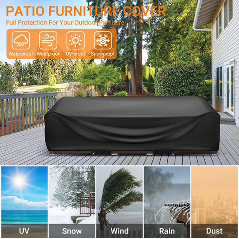 Patio Furniture Covers Rectangle For Outdoor Tables And Sectional Sets 90 Inch Long By 64 Inch Wide By 28 Inch High Heavy Duty Waterproof All Weather Wind Resistant Black Cover With Secure Straps And Elastic Hem on patio against weather elements.