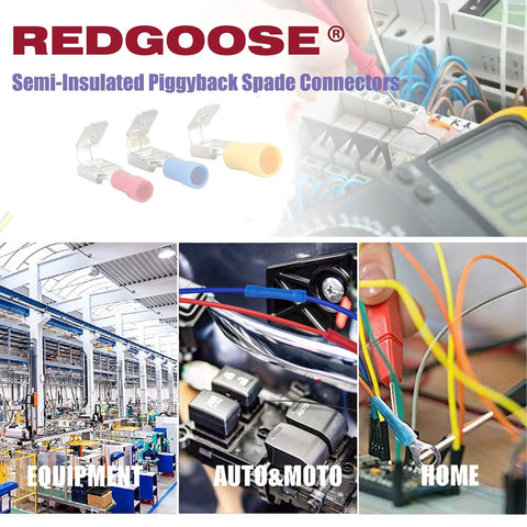 Collage of 100 Pack Semi-Insulated Piggyback Spade Connectors, ideal for auto, motorcycle, and DIY wiring projects.