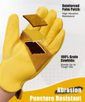 Cowhide Leather Work Gloves For Men And Women Reinforced, Durable Gardening Gloves With Puncture And Cut Resistance, showing reinforced palm patch.