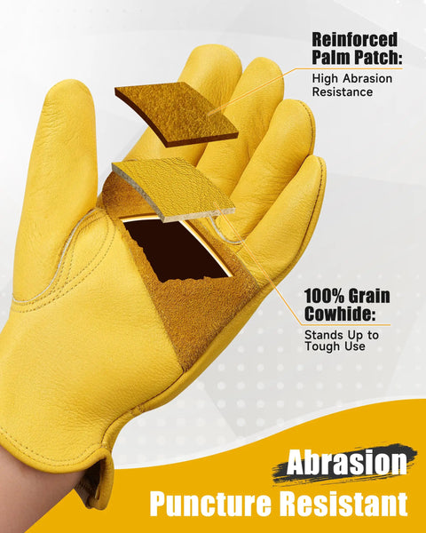 Cowhide Leather Work Gloves For Men And Women Reinforced, Durable Gardening Gloves With Puncture And Cut Resistance, showing reinforced palm patch.