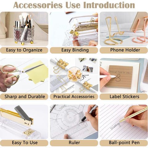 11 Piece Gold Desk Accessories Set For Office And Home, Sleek Acrylic Organizer Kit With Stapler, 1000 Staples, Tape