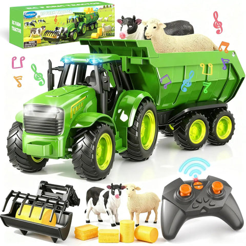 Awesome Realistic RC Farm Tractor Toy With Front Loader And Trailer, Lights And Music, 2.4GHz Remote Control Vehicle With Sheep And Cow