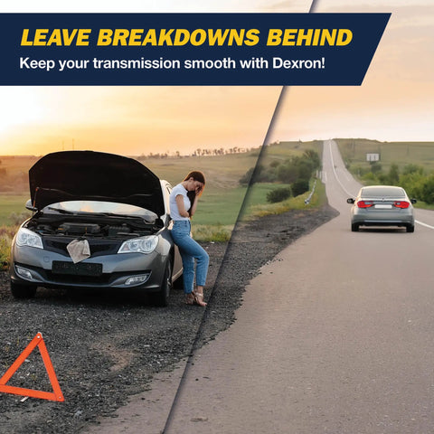 Car breakdown with woman beside open hood contrasted with smooth driving, highlighting benefits of Universal Full Synthetic ATF Gearbox Fluid.