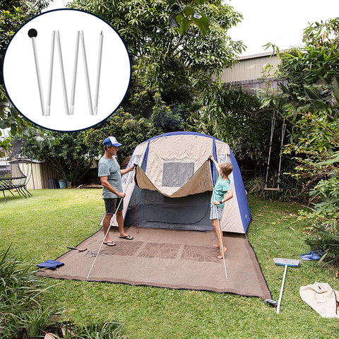 Man and child assembling a tent with Replacement Tent Poles For Canopy And Beach Shade 6.5 Foot Aluminum Poles Set For Camping Hiking And Parties
